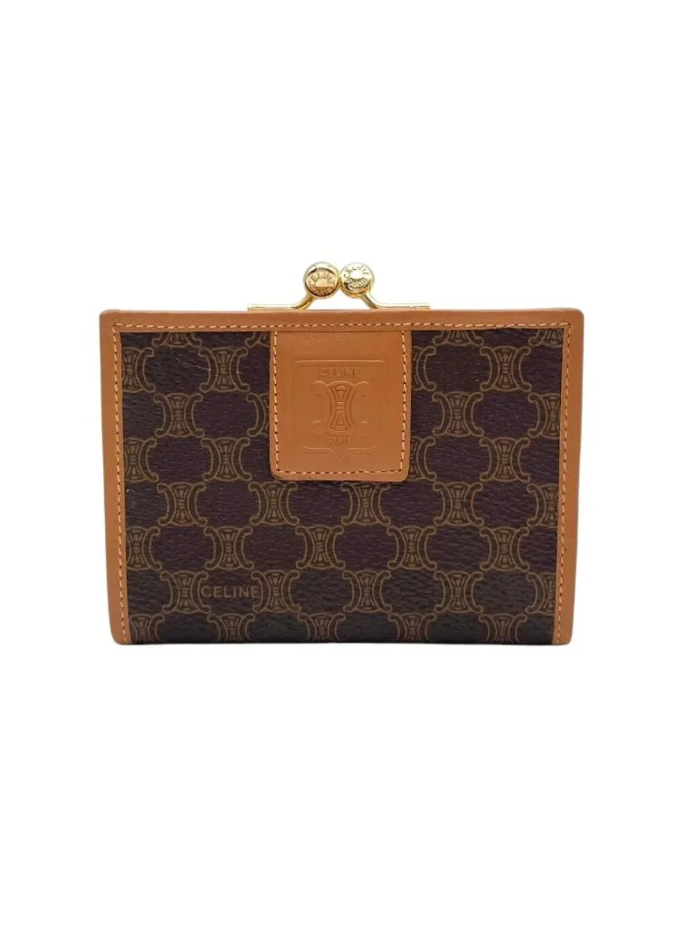 Celine Macadam Pattern Kiss Lock Bifold Wallet Vintage Mini Leather Brown Gold